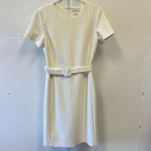 Club Monaco Belted Tailored Knee Length Classic Midi Dress White Striped Sz 6